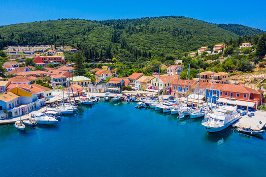 Kefalonia island, Greece. Aerial view of the Fiskardo village and port.
