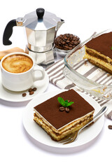 Traditional Italian Tiramisu dessert in glass baking dish, portion on plate and cup of coffee isolated on white background