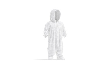 Blank white kid plush jumpsuit with hood mockup, side view