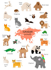 Cartoon set of wild animals Eurasia. deer, elephant, parrot, panda, tiger, lion, walrus, seal, hare, bear, wolf, fox