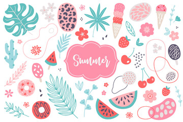 Summer set with strawberry, ice cream, watermelon, cherry, flowers, donut