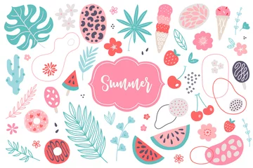 Foto op Plexiglas Summer set with strawberry, ice cream, watermelon, cherry, flowers, donut © miumi