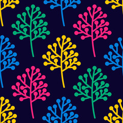 Vector seamless pattern with branch. Bright colors elements - pink, yellow, green and blue. Decorative summer ornament. Illustration with hand drawn trees. - 427229108
