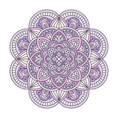 Vector hand drawn doodle mandala. Ethnic mandala with colorful ornament. Isolated on white background. Light colors - pink, violet, yellow. - 427229135