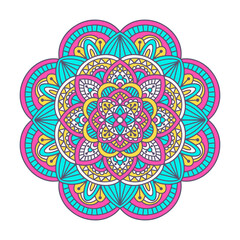 Vector hand drawn doodle mandala. Ethnic mandala with colorful ornament. Isolated on white background. Pink, green and yellow colors. - 427229159