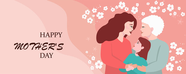 A family of women, mother, grandmother, daughter hug each other against the background of spring cherry blossoms. The concept of motherhood, love, care of different generations. Vector graphics