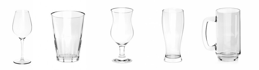 Set of different empty glasses on white background. 3D Rendering