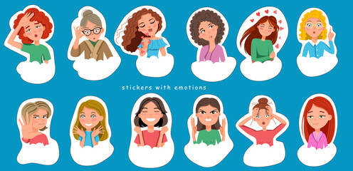 a set of cute vector faces of girls, different emotions for messengers, social networks.