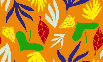 Fototapeta na wymiar Abstract Hand Drawing Tropical Exotic Leaves Repeating Vector Pattern Isolated Background