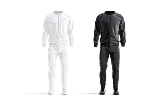 Blank black and white sport tracksuit with bomber, pants mockup