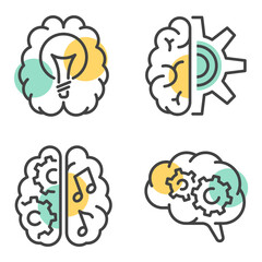 Set of vector illustrations of linear style brain icons with colorful elements representing creativity and innovation concept. Editable stroke.