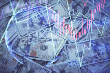 Multi exposure of forex chart drawing over us dollars bill background. Concept of financial success markets.