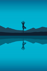 girl makes yoga by the lake on blue night landscape