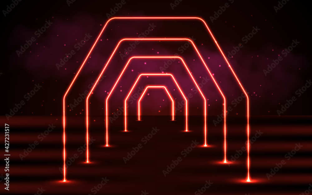 Fototapete neon abstract red background with geometric shapes and clouds