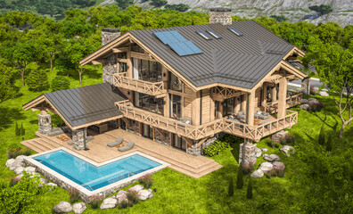 3d rendering of modern cozy chalet with pool and parking for sale or rent. Beautiful forest mountains on background. Massive timber beams columns. Clear sunny summer day with cloudless sky.