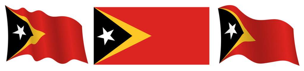 flag of East Timor in static position and in motion, fluttering in wind in exact colors and sizes, on white background