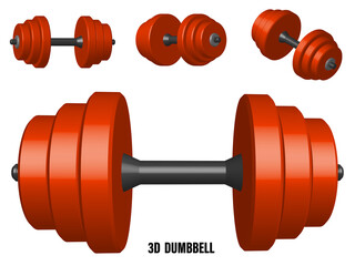 realistic detailed 3D model of red sports dumbbell. Healthy lifestyle, fitness. Realistic vector