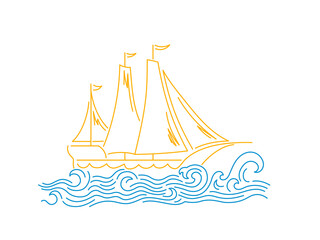 Vector doodle sailing boat with wave.