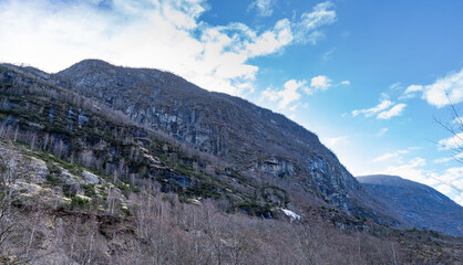 Eidfjord, a Norwegian town and municipality in the Hordaland region, view from the beach on the Eidfjorden,  the inner branch of the large Hardangerfjorden in Scandinavia