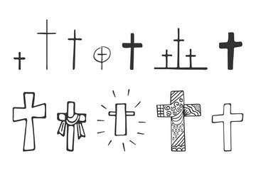Set of hand-drawn Christian crosses isolated on white background. Religion and Christianity. Christian symbols. Vector illustration