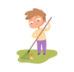 Boy collects leaves. Courtyard care in autumn time. Cute cartoon toddler with garden tool cleans lawn vector illustration