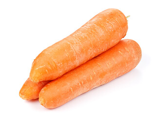 Three fresh washed carrots in stack isolated on white background