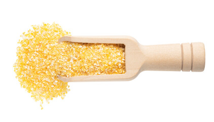 ground corn grits in a wooden scoop isolated on white