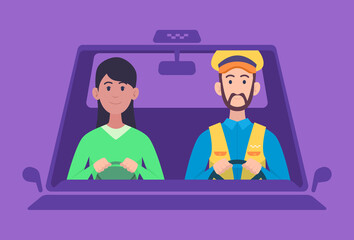 Taxi drivers. Comfortable automobile salon cabin vehicle man driving car holding steering wheel exact vector background
