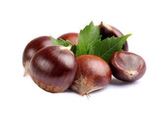 Chestnut nuts with leaves on white backgrounds.