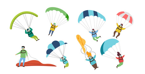 Collection of parachutists and skydivers isolated on white background. Sky jump with parachute and paraglider, extreme danger skydive falling