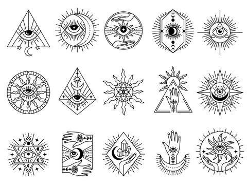 Mystical symbols. Occult emblems meditation magic esoterism and alchemy icons mystery stones tarot cards and moons recent vector stylized pictures set