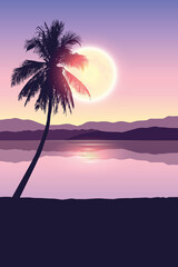tropical landscape at night holiday banner with palm trees and full moon