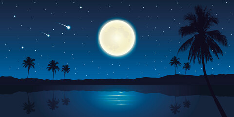 Fototapeta na wymiar beautiful night on tropical landscape with full moon and falling stars