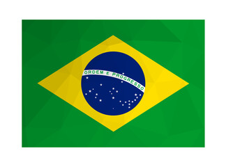 Vector illustration. National Brazilian flag (Verde e amarela) with text - Ordem e Progresso. Official symbol of Brazil. Creative design in low poly style with triangular shapes. Gradient effect.