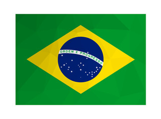Fototapeta premium Vector illustration. National Brazilian flag (Verde e amarela) with text - Ordem e Progresso. Official symbol of Brazil. Creative design in low poly style with triangular shapes. Gradient effect.