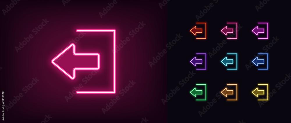 Wall mural Neon logout icon. Glowing neon exit sign, outline user quit pictogram