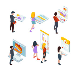 Fototapeta premium Information boards. People standing near advertizing tablo monitor screens event services info garish vector isometric persons