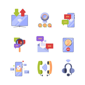 Online communication. Ads icon set concept pictures of internet dialogue web conversation and banking symbols for app developed garish vector design templates collection