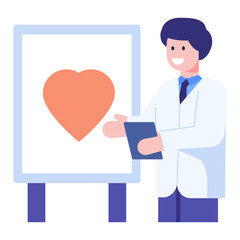 
Person standing with heart board denoting flat icon of cardiologist 

