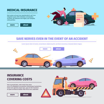 Insurance cars banners. Accident on road with damaged vehicles traffic car elements garish vector templates with place for text