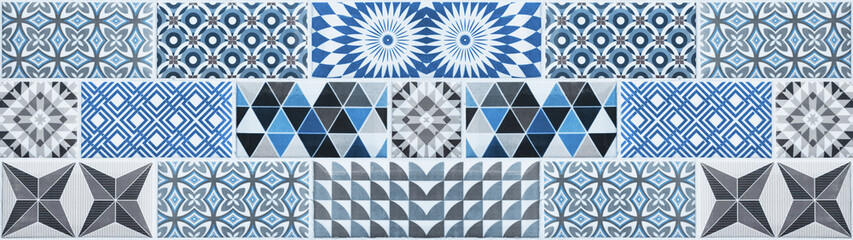 Blue white gray vintage retro geometric square mosaic motif cement tiles texture background banner...