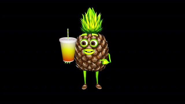 3d Character Pineapple Shows Drink Loop on Alpha Channel