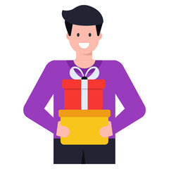 
Man holding gifts, flat character icon 

