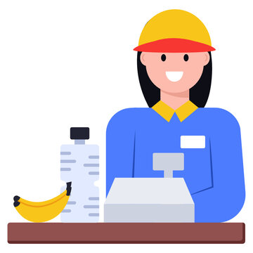 
Products in a cash counter with female, flat concept icon of cashier 

