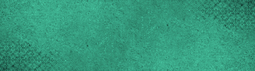 Old green turquoise vintage shabby patchwork motif tiles stone concrete cement wall texture background banner