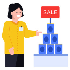 
A flat character icon of products on sale

