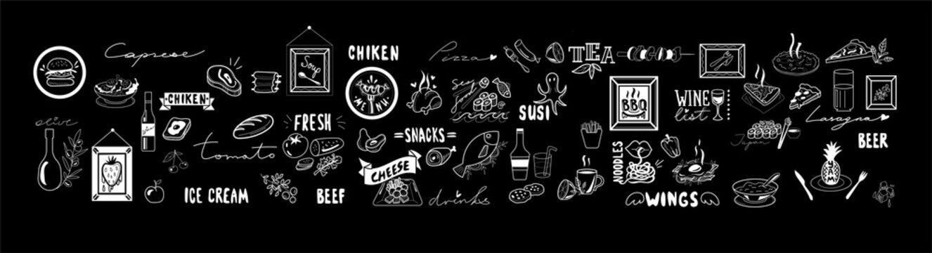 chalk board set of icons and words food menu