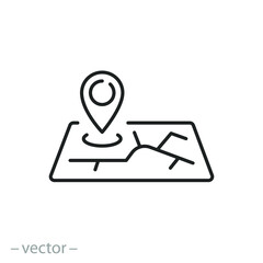 point pin address icon, road map pointer, 3d geo location, gps navigation, route street, destination marker, thin line symbol on white background - editable stroke vector eps10