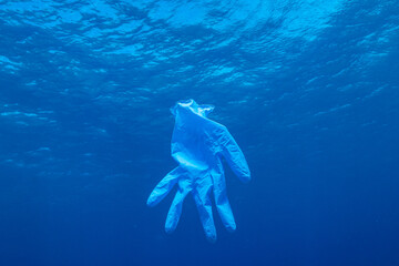 Fototapeta premium A rubber glove that was PPE has been carelessly discarded during the coronavirus pandemic and ended up floating around in the sea where it will harm the environment