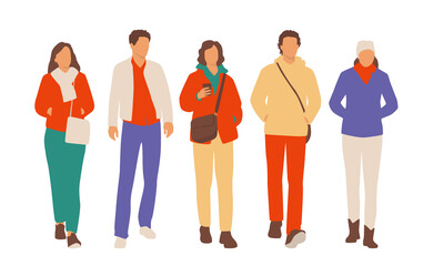 Obraz premium Set of young men and women, different colors, cartoon character, group of silhouettes of standing business people, students, the design concept of flat icon, isolated on white background